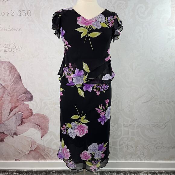 Studio I Two Pcs Skirt and Top Black Floral Sheer Overlay Size 10 - Picture 1 of 14